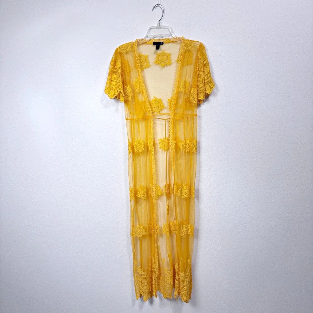 Aqua Sheer Lace Maxi Cardigan Boho Whimsigoth Coquette Festival‎ Yellow Women M